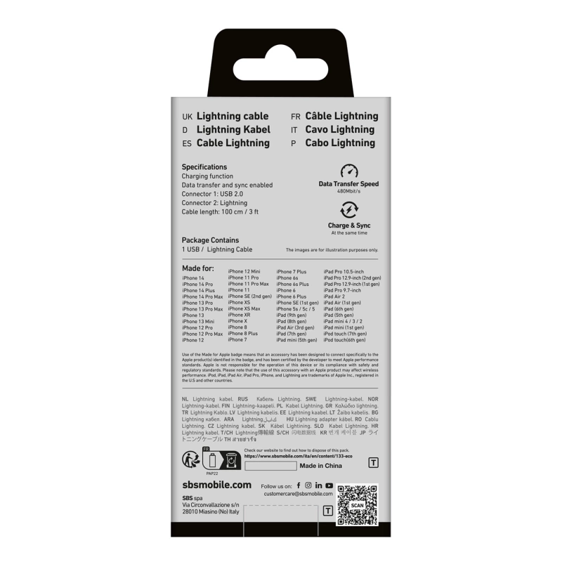 TECABLEUSBIP589K USB-A – Lightning SBS-Kabel 1 m mit MFi-Zertifizierung – Schwarz