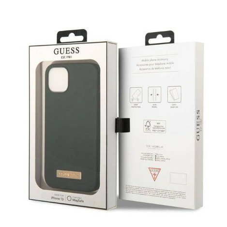 Original Handyhülle IPHONE 13 Guess Hard Case Silicone Logo Plate MagSafe (GUHMP13MSBPLA) grün