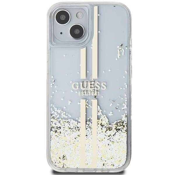 Oryginalne Etui GUESS Hardcase GUHCP15MLFCSEGT do iPhone 15 Plus (Liquid Glitter Gold Stripes / transparent)