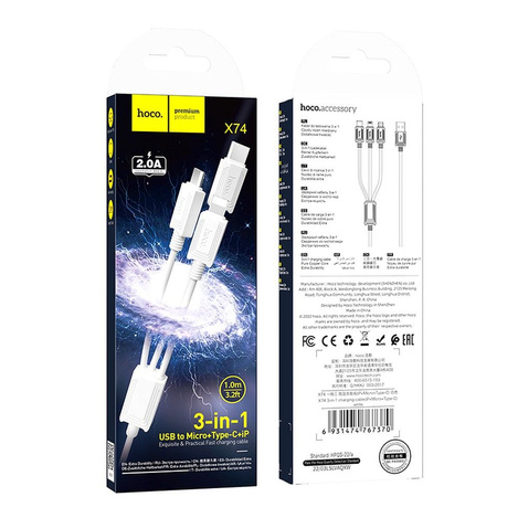 HOCO kabel 3w1 USB A do Lightning / Micro USB / Typ C 2A X74 1 m biały