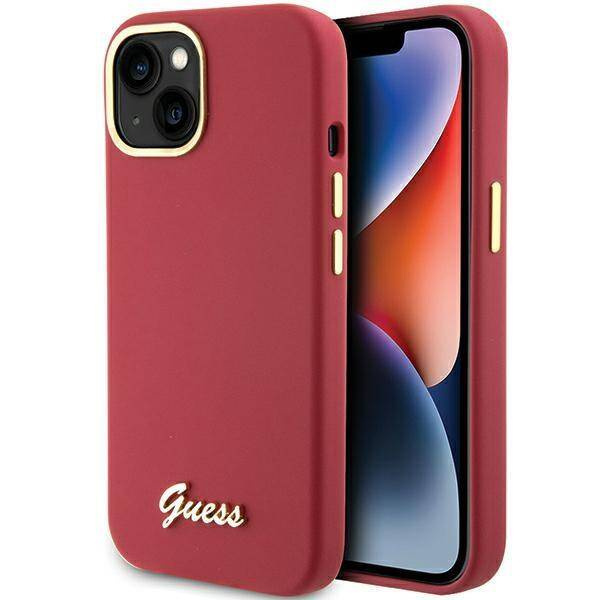 Guess Silikon Script Metal Logo &amp; Frame Hülle für iPhone 15 – Rot