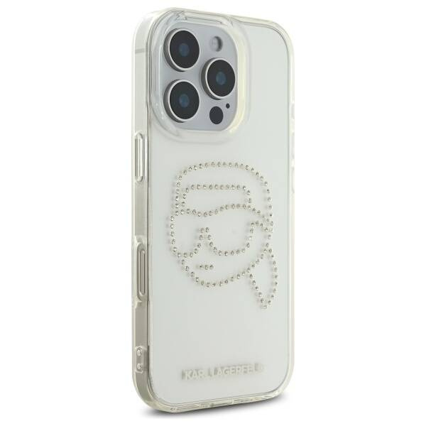 Original Case IPHONE 16 PRO MAX Karl Lagerfeld Hardcase IML Rhinestones Karl Head (KLHCP16XHKHDCELT) transparent