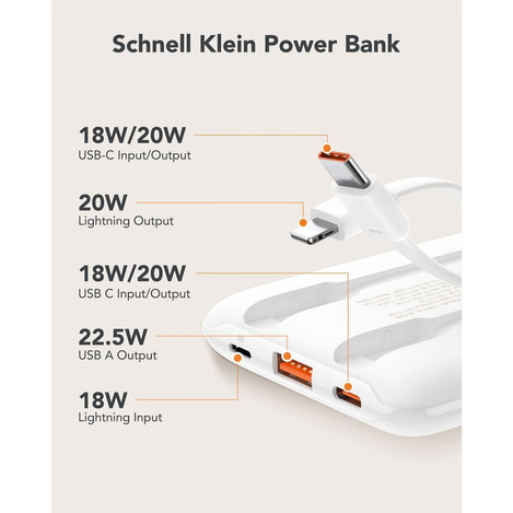 VEGER powerbank 10000 mAh z wbudowanymi kablami Typ C / Lightning PD QC3.0 2A 22,5W C11C (W1170) biały