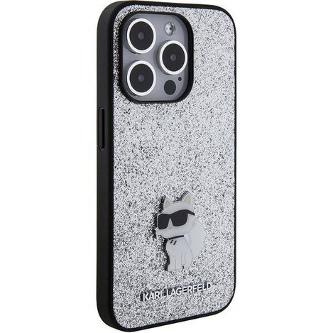 Karl Lagerfeld Feste Glitzer-Choupette-Logo-Metallpin-Hülle für iPhone 15 Pro Max – Silber