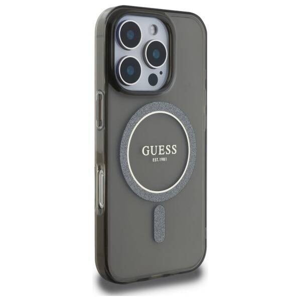 Etui Guess IML Glitter Circle MagSafe na iPhone 16 Pro Max - czarne