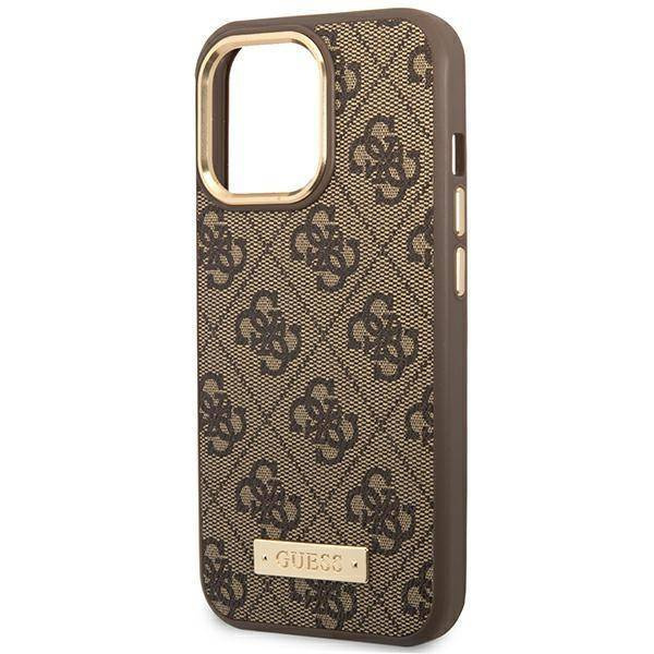 Original Handyhülle IPHONE 14 PRO Guess Hard Case 4G Logo Plate MagSafe (GUHMP14LU4GPRW) braun