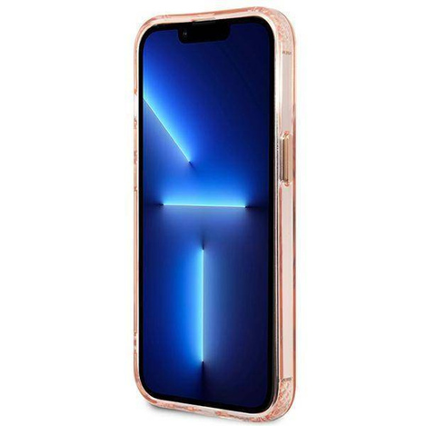 Original Handyhülle IPHONE 13 PRO Guess Hard Case Gold Outline Translucent MagSafe (GUHMP13LHTCMP) rosa