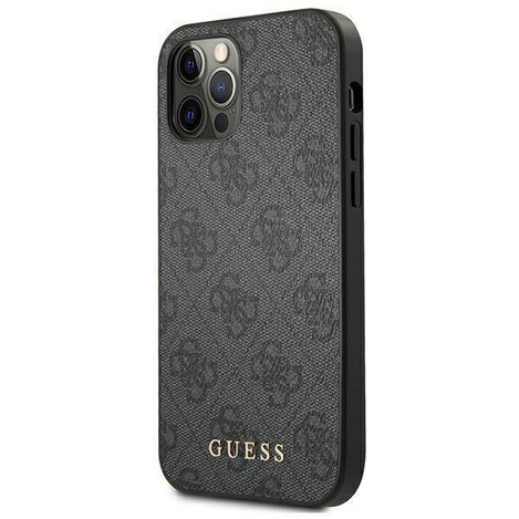 Original Handyhülle IPHONE 12 / 12 PRO Guess Hard Case 4G Metal Gold Logo (GUHCP12MG4GFGR) grau