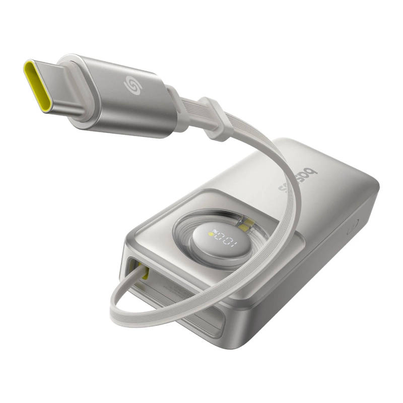 Baseus Free2Pull 10000 mAh 30 W Powerbank mit USB-C-Anschluss und einziehbarem USB-C-Kabel – Grau