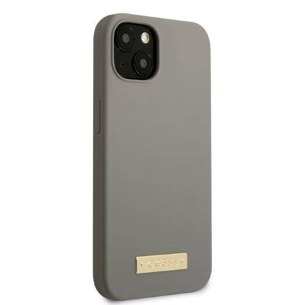 Original Handyhülle IPHONE 13 MINI Guess Hard Case Silicone Logo Plate MagSafe (GUHMP13SSPLG) grau