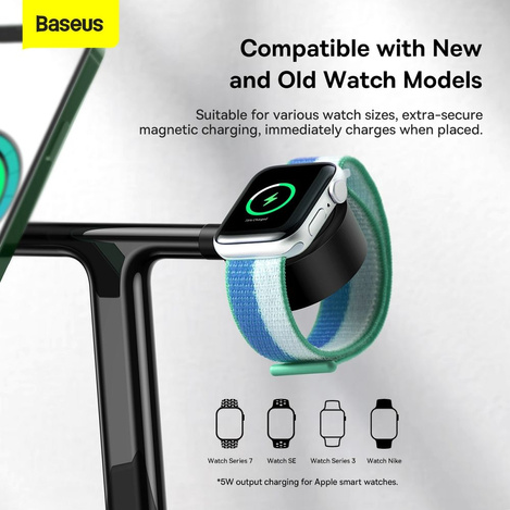 Baseus Swan ładowarka indukcyjna (kompatybilna z MagSafe) stojak do iPhone, Apple Watch, AirPods + kabel USB-C 1m czarny (WXTE000101)