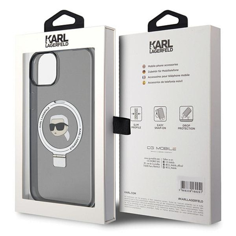 Karl Lagerfeld Ring Stand Karl Head MagSafe Hülle für iPhone 15 Plus / 14 Plus – Schwarz