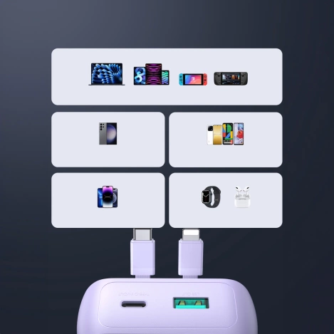 Mini powerbank Joyroom JR-PBC06 z wbudowanymi kablami USB-C / Lightning 30W 10000mAh - biały