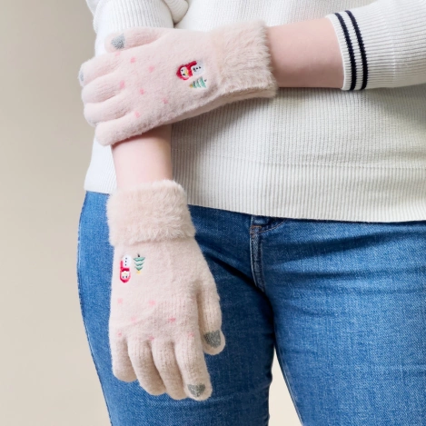Winter-Telefonhandschuhe für Damen mit einem Schneemann und einem Weihnachtsbaum – beige