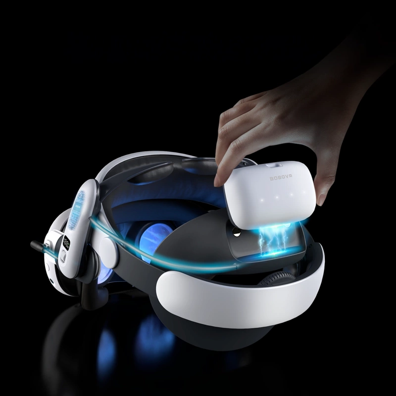 BoboVR S3 Pro strain relief strap for Meta Quest 3 VR goggles + B100 external battery - white and black