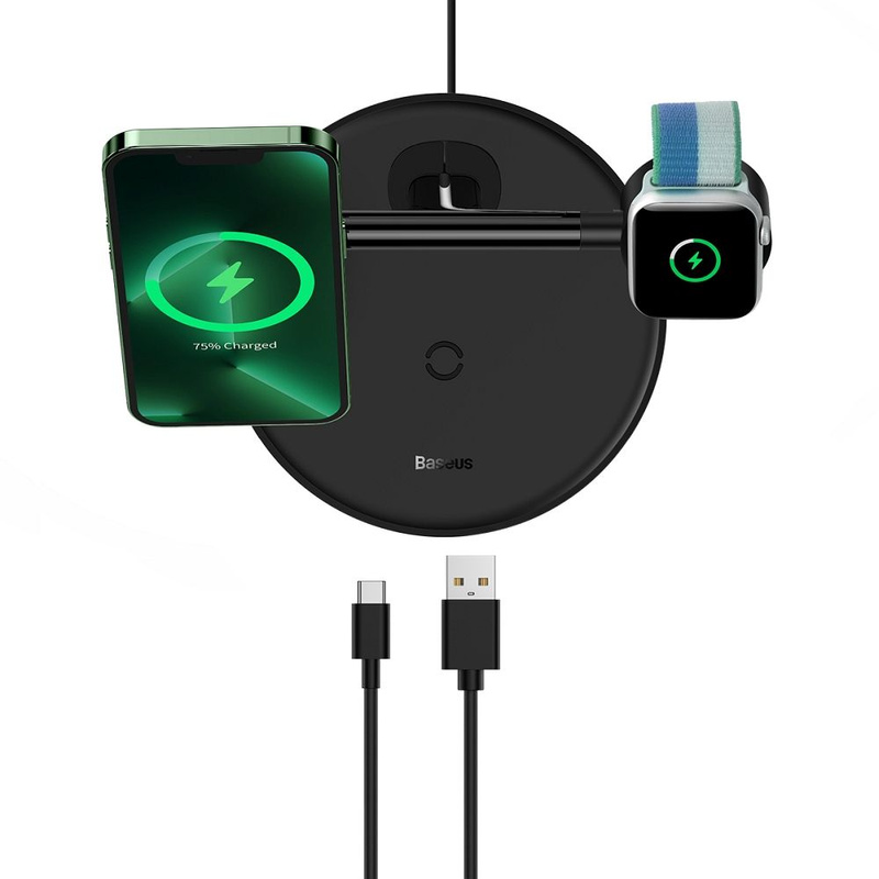 Baseus Swan ładowarka indukcyjna (kompatybilna z MagSafe) stojak do iPhone, Apple Watch, AirPods + kabel USB-C 1m czarny (WXTE000101)