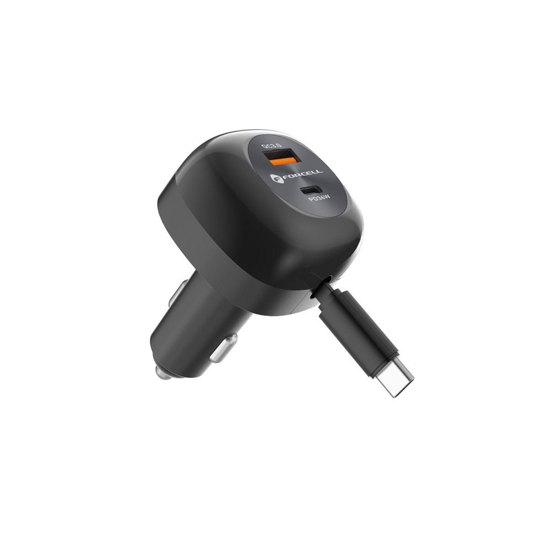 Ładowarka samochodowa Forcell F-Energy Alu USB C + USB A + zwijany kabel USB C PD QC4.0 SFC2.0 3A 75W czarna