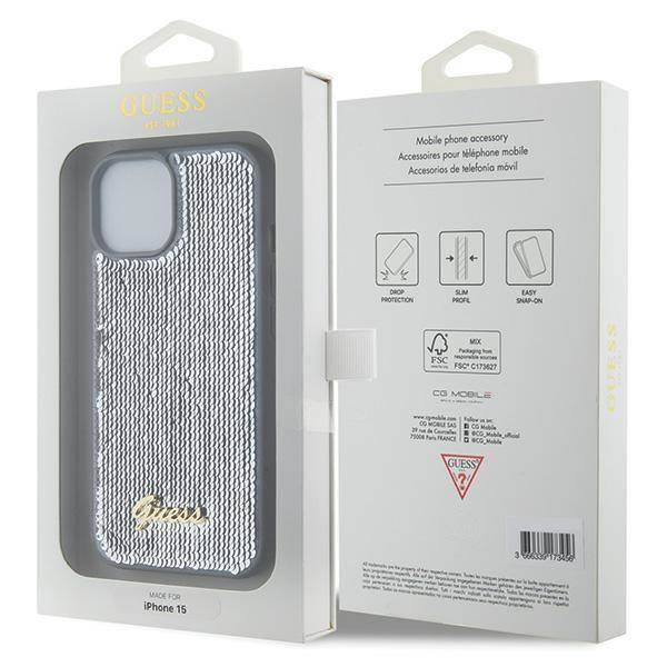 Guess Pailletten-Schriftzug-Metallgehäuse für iPhone 15 – Silber
