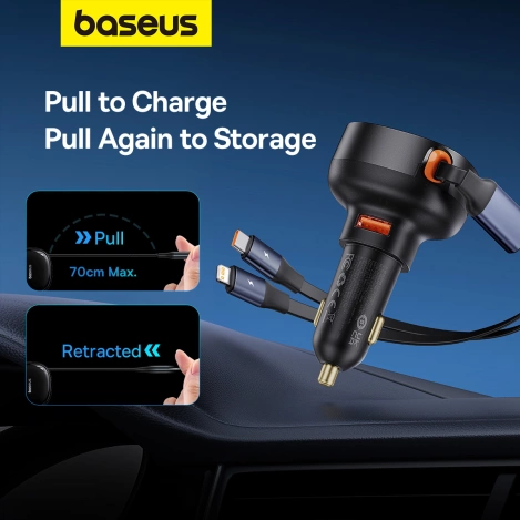 Baseus Enjoyment USB-A-Autoladegerät mit USB-C/ Lightning -60-W-Kabel – Schwarz