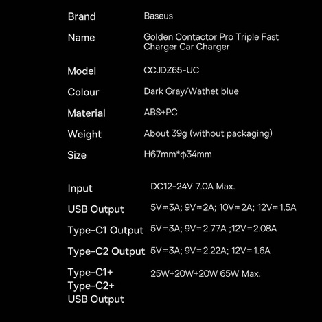 Baseus Golden Contactor Pro USB-A Autoladegerät + 2x USB-C 65W dunkelgrau (CGJP010013)