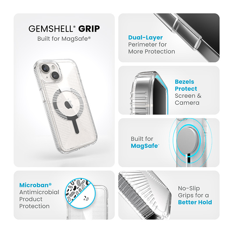 Speck Gemshell Grip + MagSafe - Etui do iPhone 15 / iPhone 14 / iPhone 13 (Clear / Chrome Finish)
