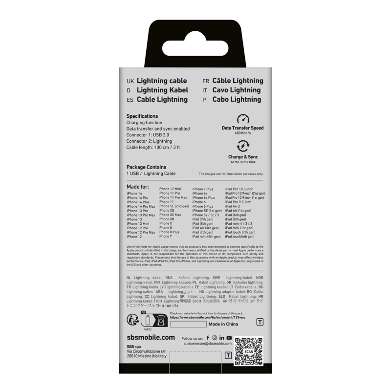 SBS TECABLEUSBIP589W USB-A - Lightning Cable - White