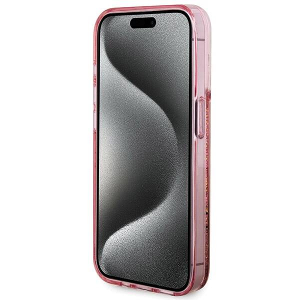 Oryginalne Etui GUESS Hardcase GUHCP15LLFCSEGP do iPhone 15 Pro (Liquid Glitter Gold Stripes / różowy)