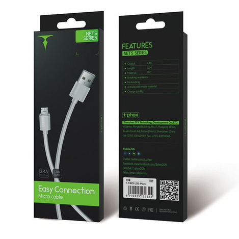 KABEL T-PHOX NETS MICRO USB WHITE 2.4A ; PVC ; 1,2M