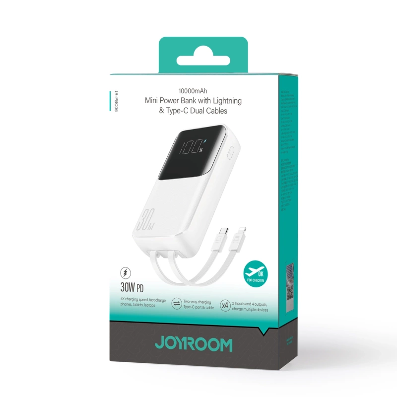 Mini power bank with built-in cables Joyroom JR-PBC06 30W 10000mAh - white