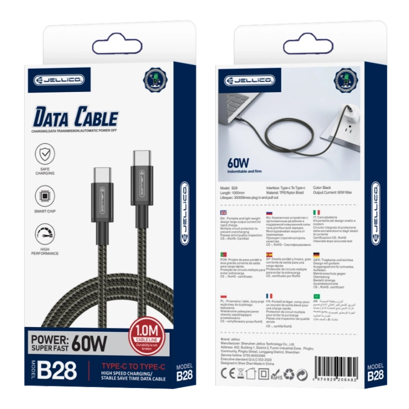 JELLICO kabel B28 USB-C - USB-C PD 60W 1M Czarny