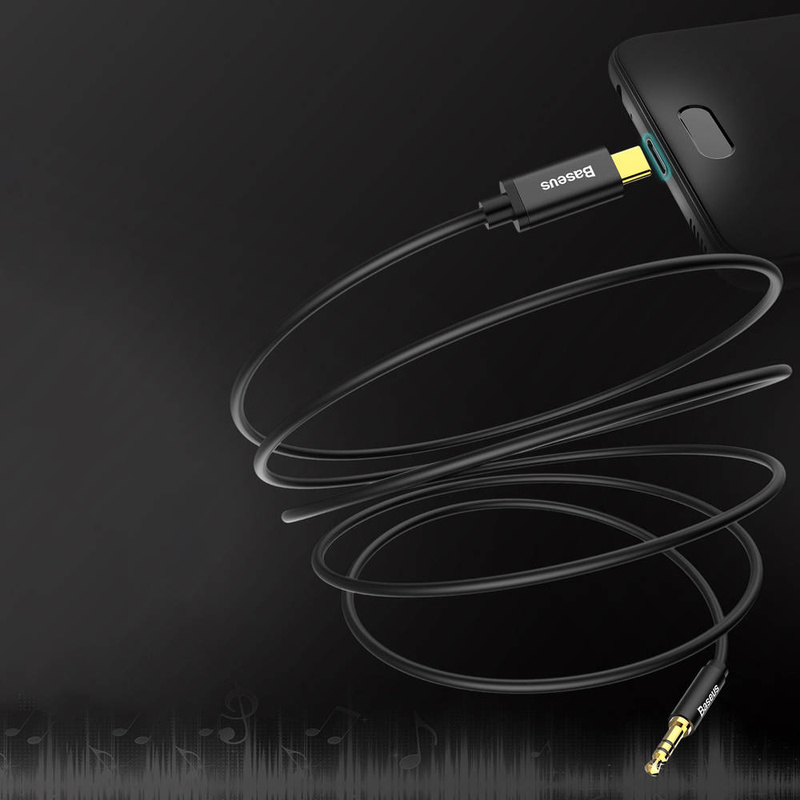Baseus kabel audio stereo przejścióka AUX 3,5 mm mini jack - USB Typ C do telefonu tabletu 120cm czarny (CAM01-01)