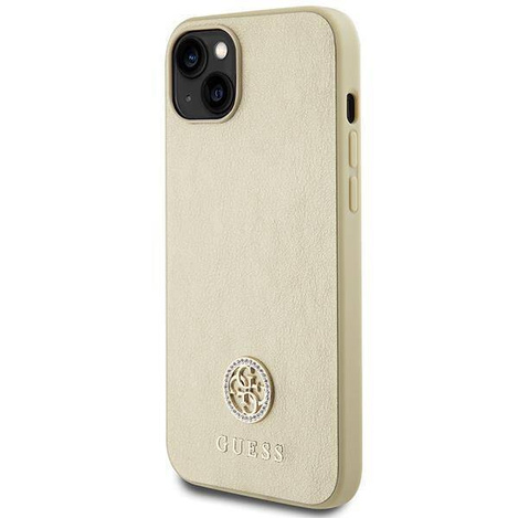 Guess Leder 4G Metal Logo Strass Hülle für iPhone 15 – Gold