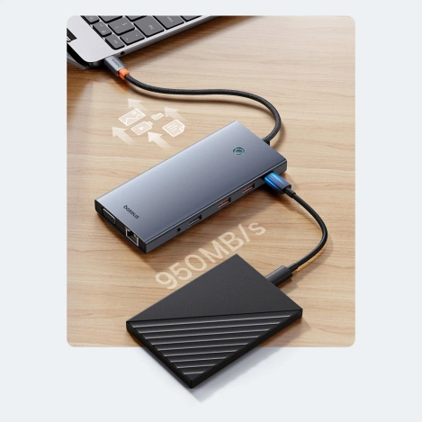 HUB Baseus PortalJoy Series 13in1 USB-C – 2x HDMI / DP / VGA / USB-A 3.1 / USB-C 3.1 / USB-A 2.0 / PD / RJ45 / SD / TF / AUX – grau
