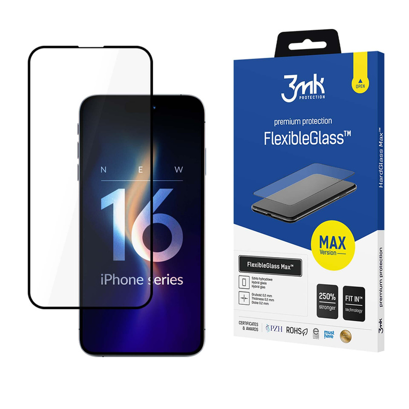 3MK FlexibleGlass Max iPhone 16 Pro czarny/black, Szkło Hybrydowe z wzmocnionymi krawędziami