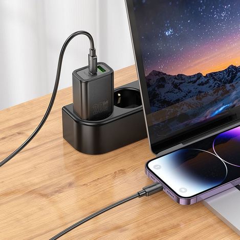 HOCO ładowarka sieciowa USB A + Typ C + kabel Typ C do Typ C PD QC3.0 3A 20W N61 czarna