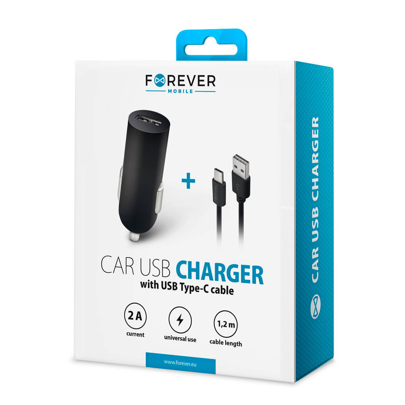 Forever ładowarka samochodowa M02 1x USB 2A czarna + kabel USB-C