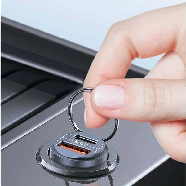 Ładowarka Samochodowa 30W PD USB-C + USB Fas Charge Z Wbudowaym Pierścieniem USAMS C38 CC206CC01 (US-CC206) stalowa
