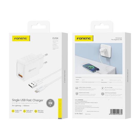 Ładowarka sieciowa Foneng EU54 18W USB-A,  3A (Biała) + kabel USB-A do Lightning