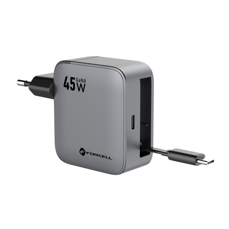 Ładowarka sieciowa do telefonu Forcell F-Energy GaN USB C + zwijany kabel USB C PD QC4.0 3A 45W VT-R5 szara