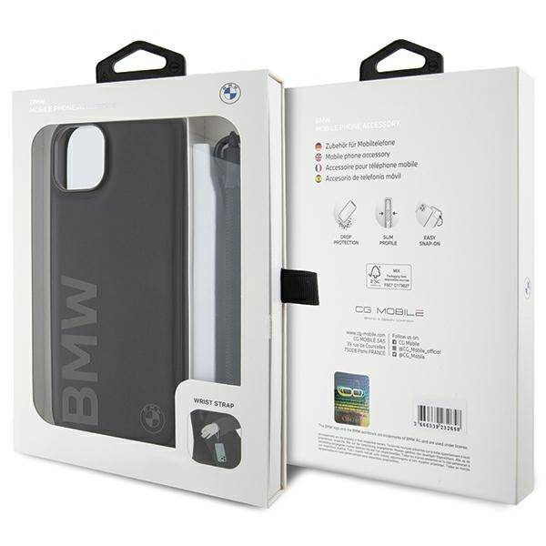 BMW Signature Leather Wordmark Cord case for iPhone 15 Plus / 14 Plus - black