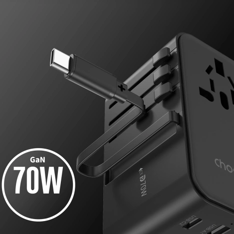 Choetech PD5022 70W EU/US/AUS/UK Reiseadapter mit integriertem USB-C-Kabel – Schwarz