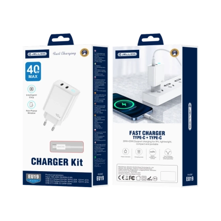 JELLICO Netz-Ladegerät EU19 GaN PD 40W 2xUSB-C + Kabel USB-C - USB-C weiss