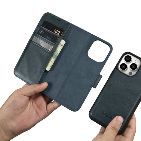 iCarer Oil Wax Wallet Case 2in1 Case iPhone 14 Pro Max Leather Flip Cover Anti-RFID Blue (WMI14220724-BU)