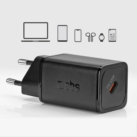 SBS TETRGAN1C45W 45-W-GaN-USB-C-Wandladegerät mit Power Delivery – Schwarz
