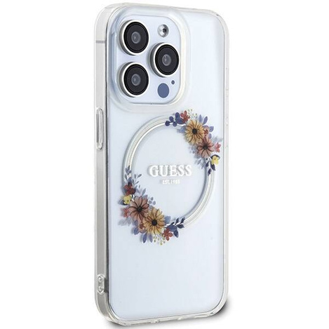 Oryginalne Etui GUESS IML Flowers Wreatch Magsafe GUHMP15LHFWFCT do Iphone 15 Pro przezroczysty