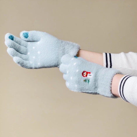 Women's winter telephone gloves with a snowman and a Christmas tree - green