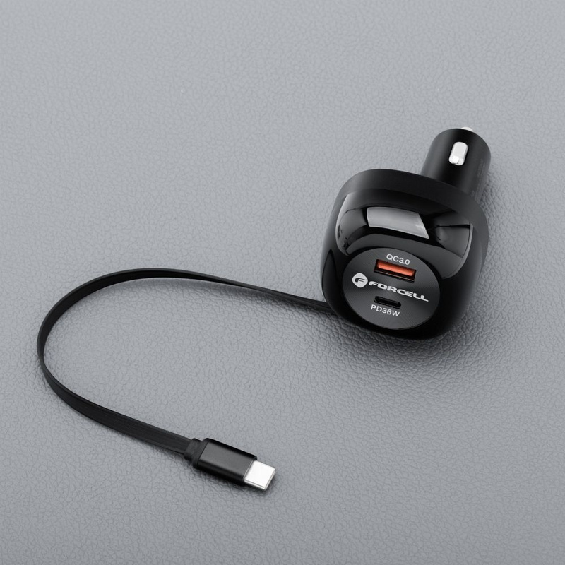 Ładowarka samochodowa Forcell F-Energy Alu USB C + USB A + zwijany kabel USB C PD QC4.0 SFC2.0 3A 75W czarna