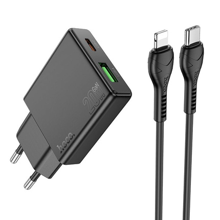 Ładowarka sieciowa do telefonu Hoco Slim USB A + USB C QC3.0 PD 3A 20W + kabel USB C do Lightning N38 czarna