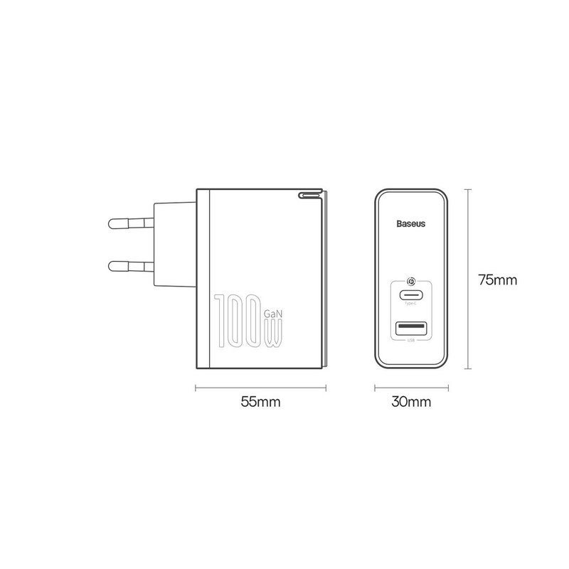 Baseus GaN5 Pro Fast Universal GaN USB Ladegerät Typ C / USB 100W PD3.0, QC4.0+, AFC weiß (CCGP090202)