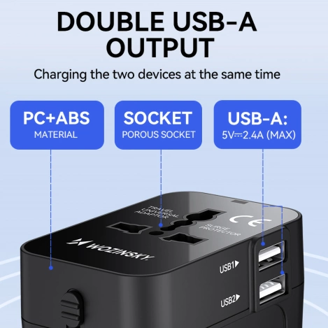 Wozinsky WUTWC Reiseadapter universal 24W EU / US / AUS / UK / 2x USB-A - Schwarz